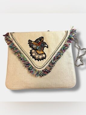 Steve Madden Crossbody Clutch Bag Jeweled Bird Boho Fringe Envelope Tan Festival